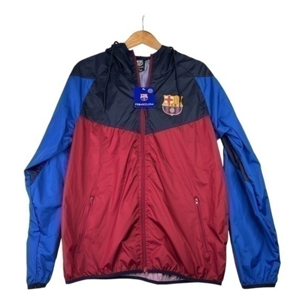 New FC Barcelona Blue Red Windbreaker Jacket Hood Zip Up Large